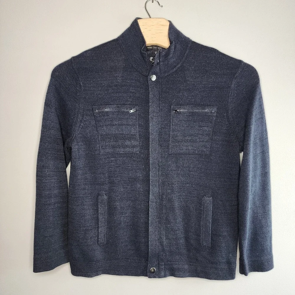 Banana Republic Navy Black Full Zip Button Mock Neck Sweater‎ Jacket Size XL
